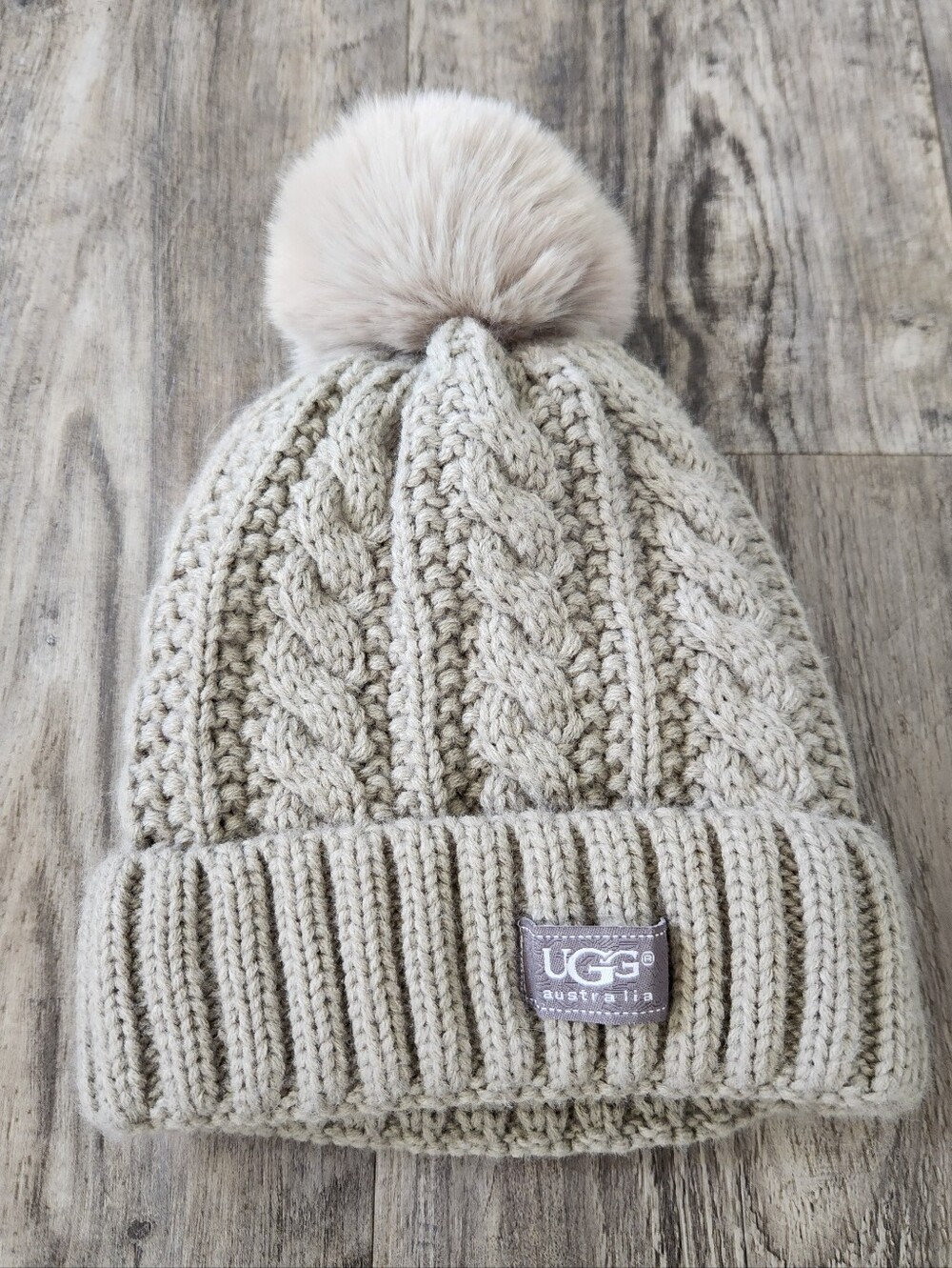 UGG Cable Knit Beanie with Faux-Fur Pom Color Taupe One Size